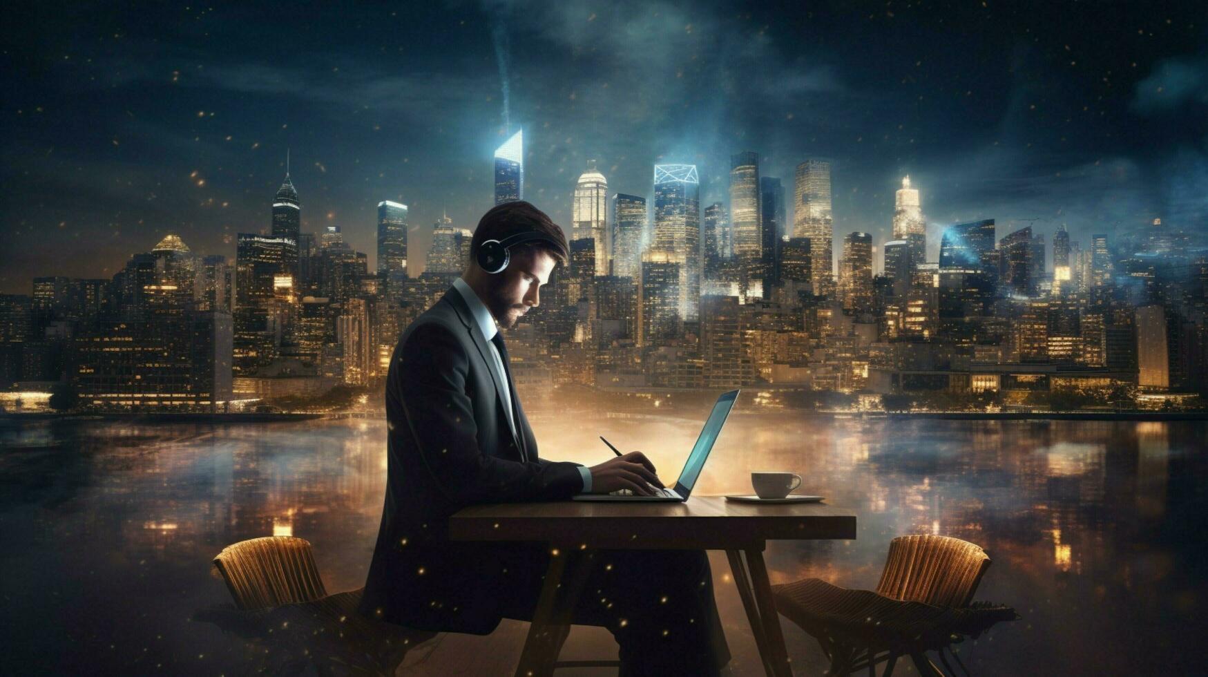 businessman typing on laptop in illuminated cityscape photo