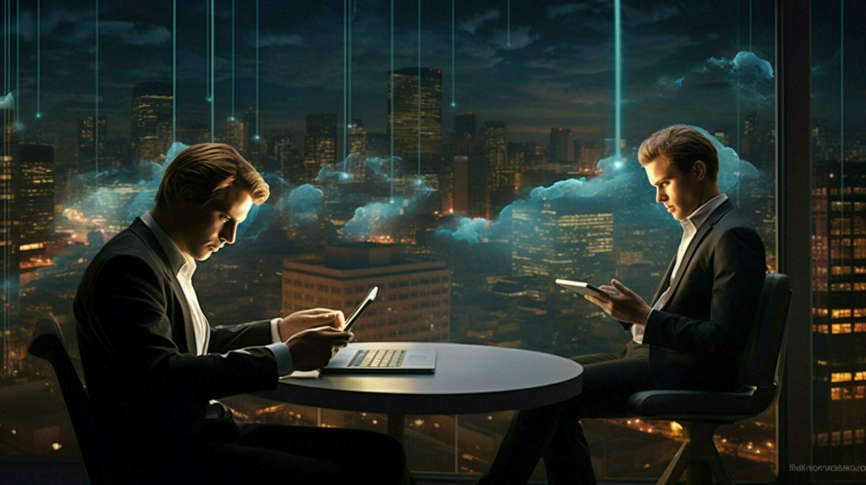 businessmen sitting at desk using wireless technology photo