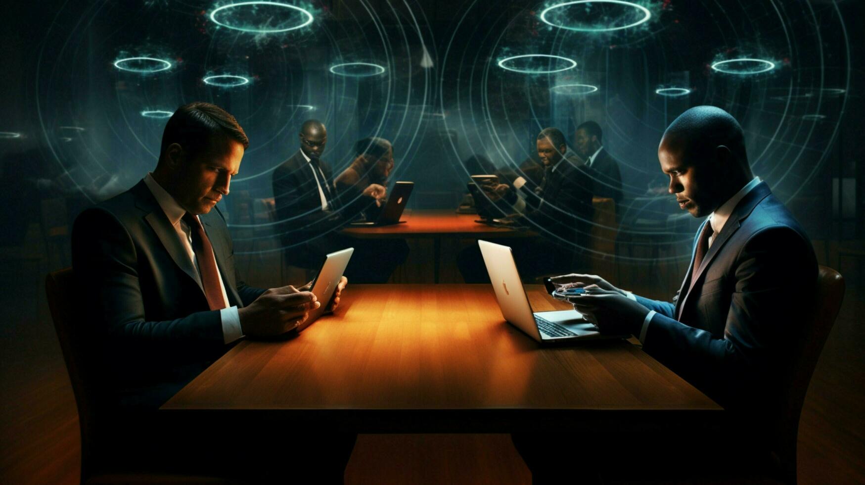 businessmen sitting at desk using wireless technology photo