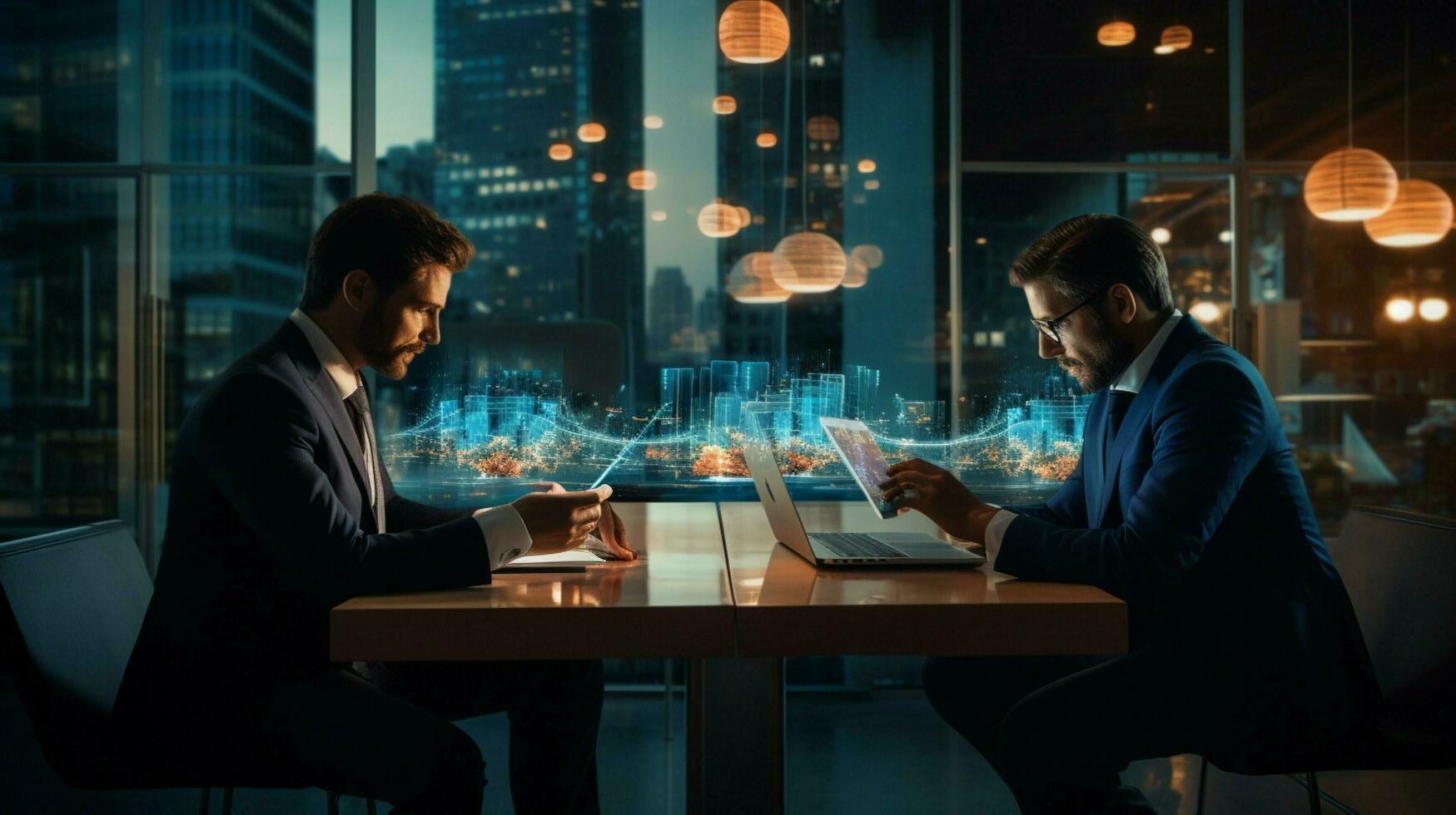 businessmen sitting at desk using wireless technology photo