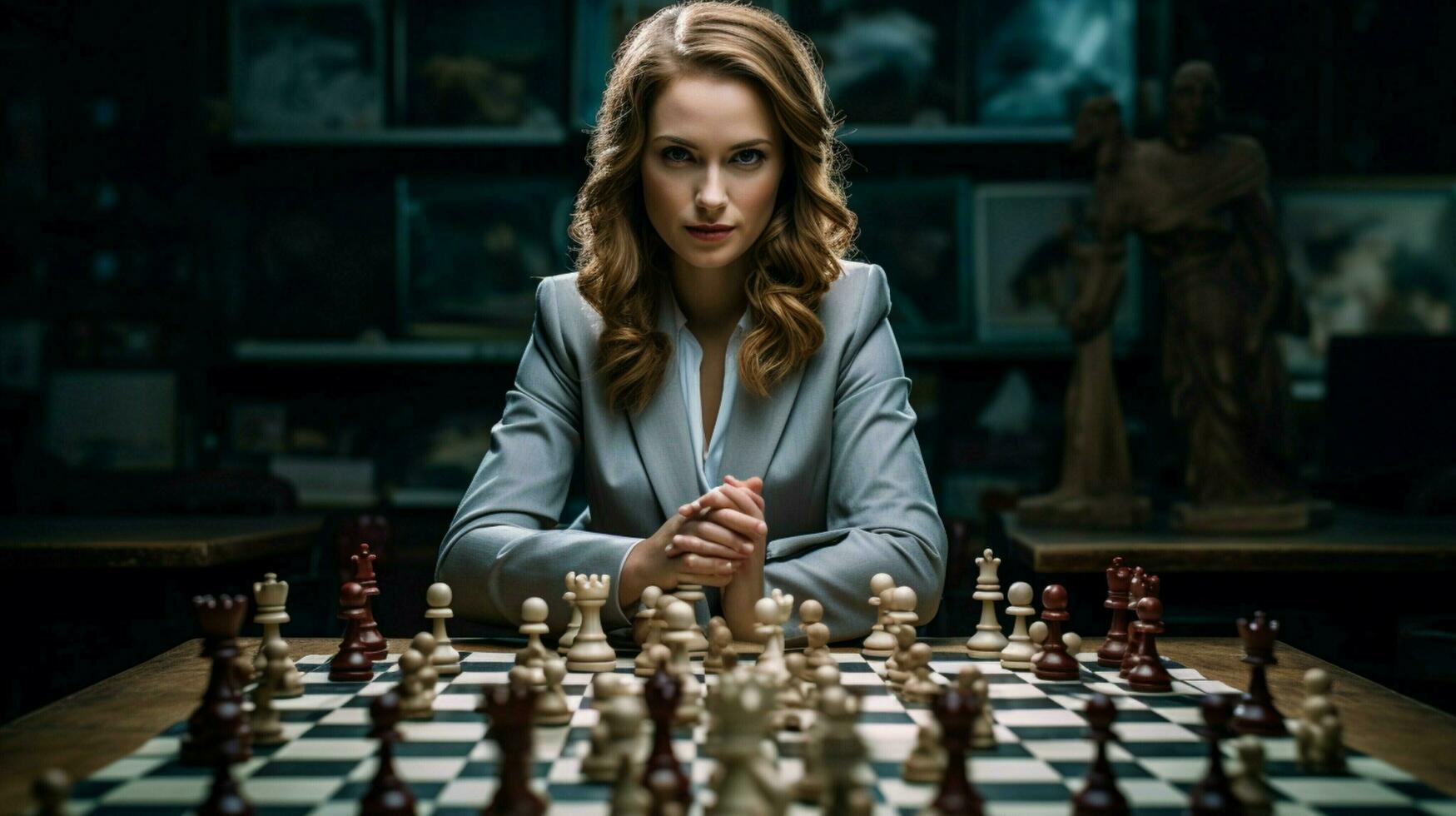 businesswoman strategizes success on chess board photo