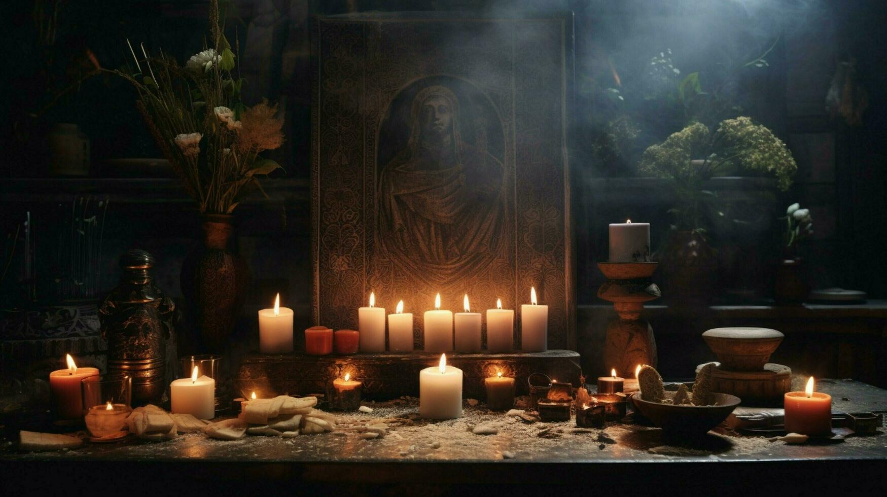candle burning on altar illuminates dark living room photo