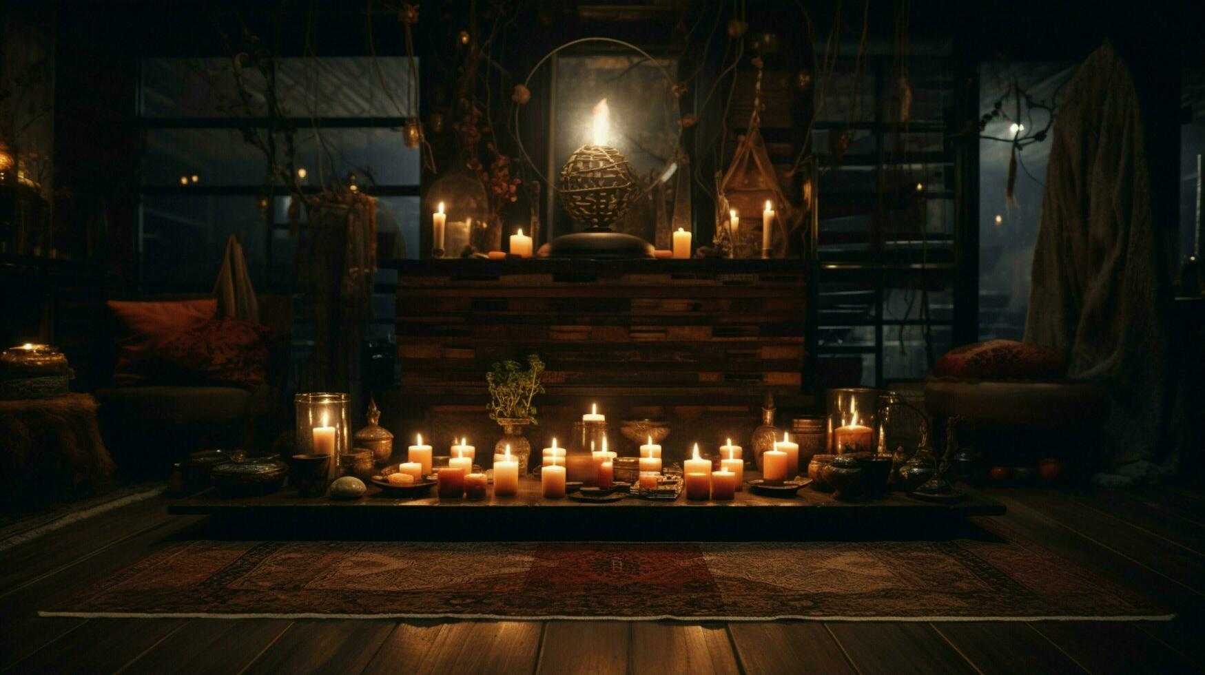candle burning on altar illuminates dark living room photo