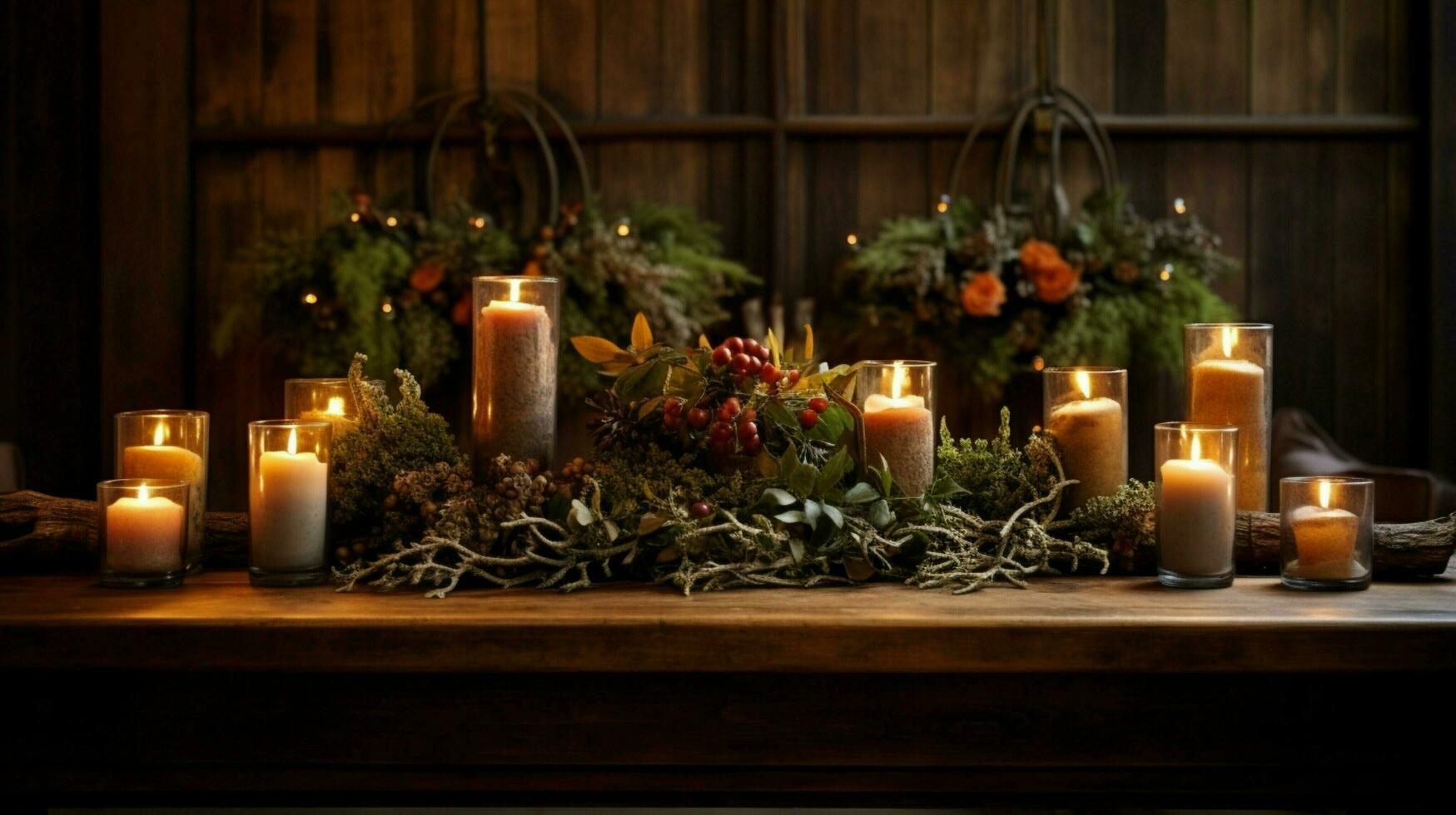 candles and decoration in wooden table photo