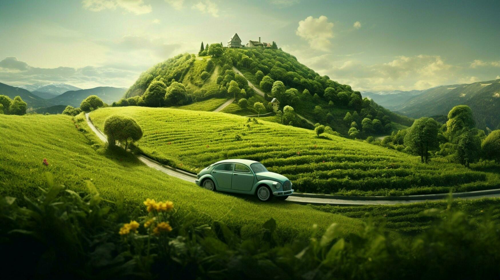 car driving on green grass surrounded by nature photo