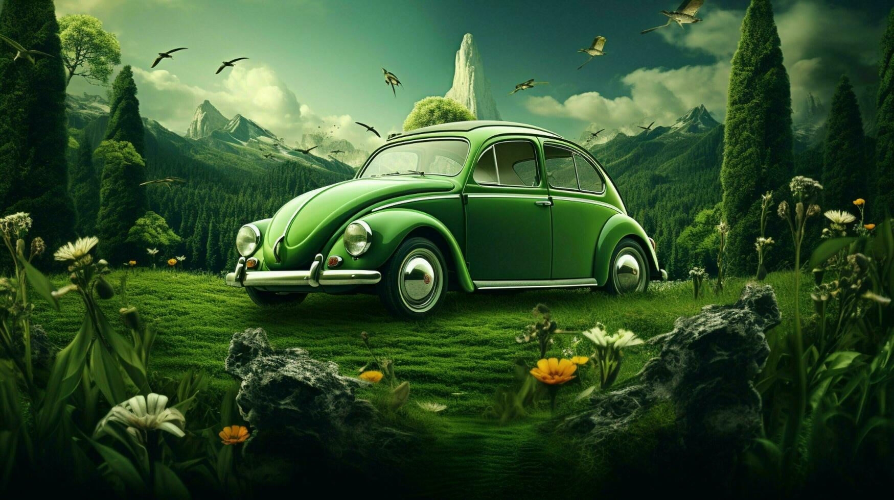 car driving on green grass surrounded by nature photo