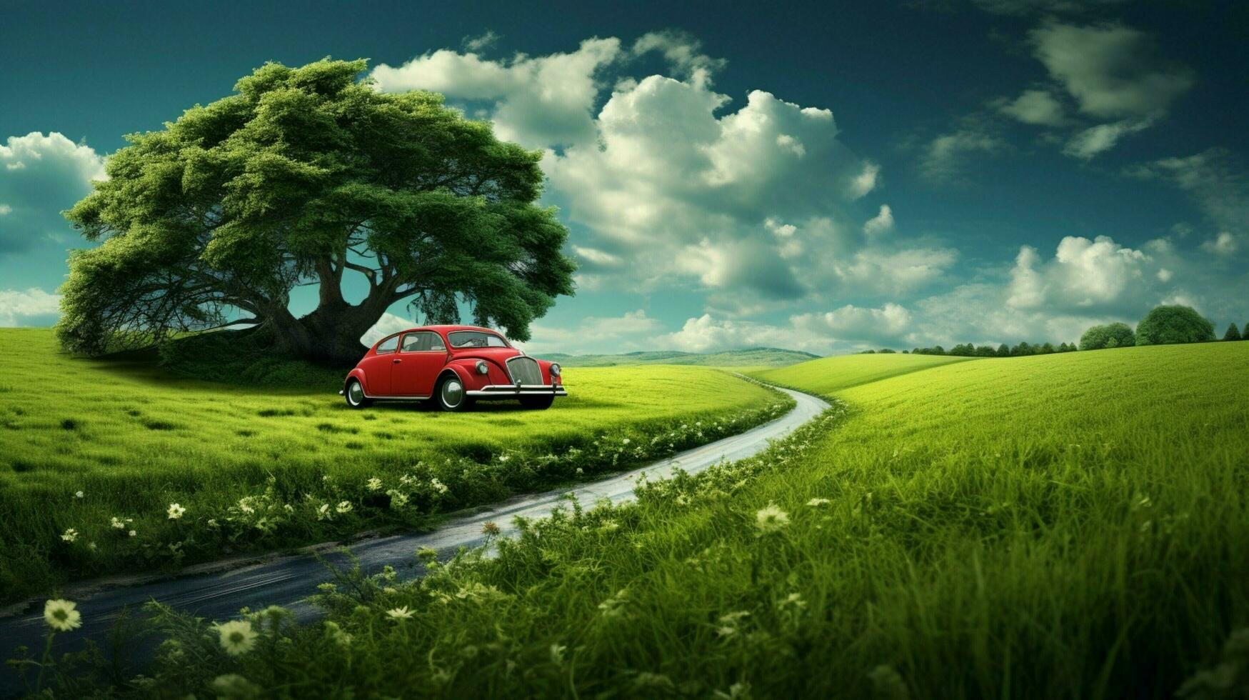 car driving on green grass surrounded by nature photo