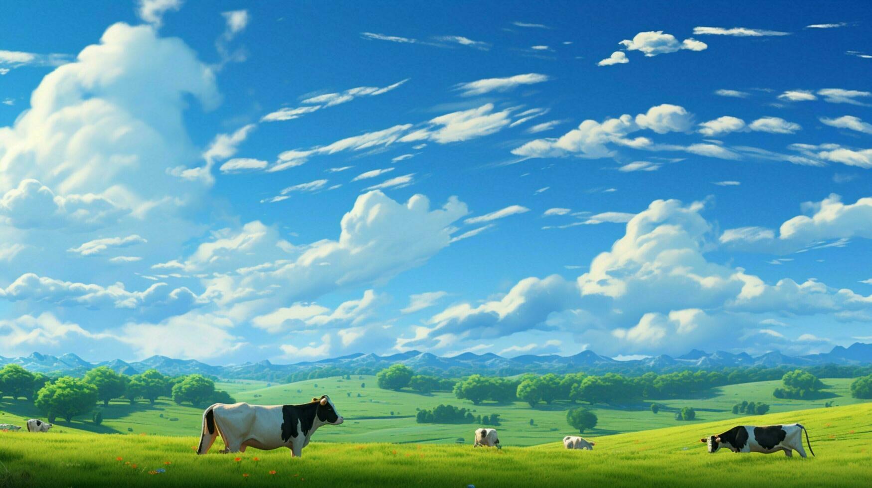 cattle graze on green meadow under blue sky photo