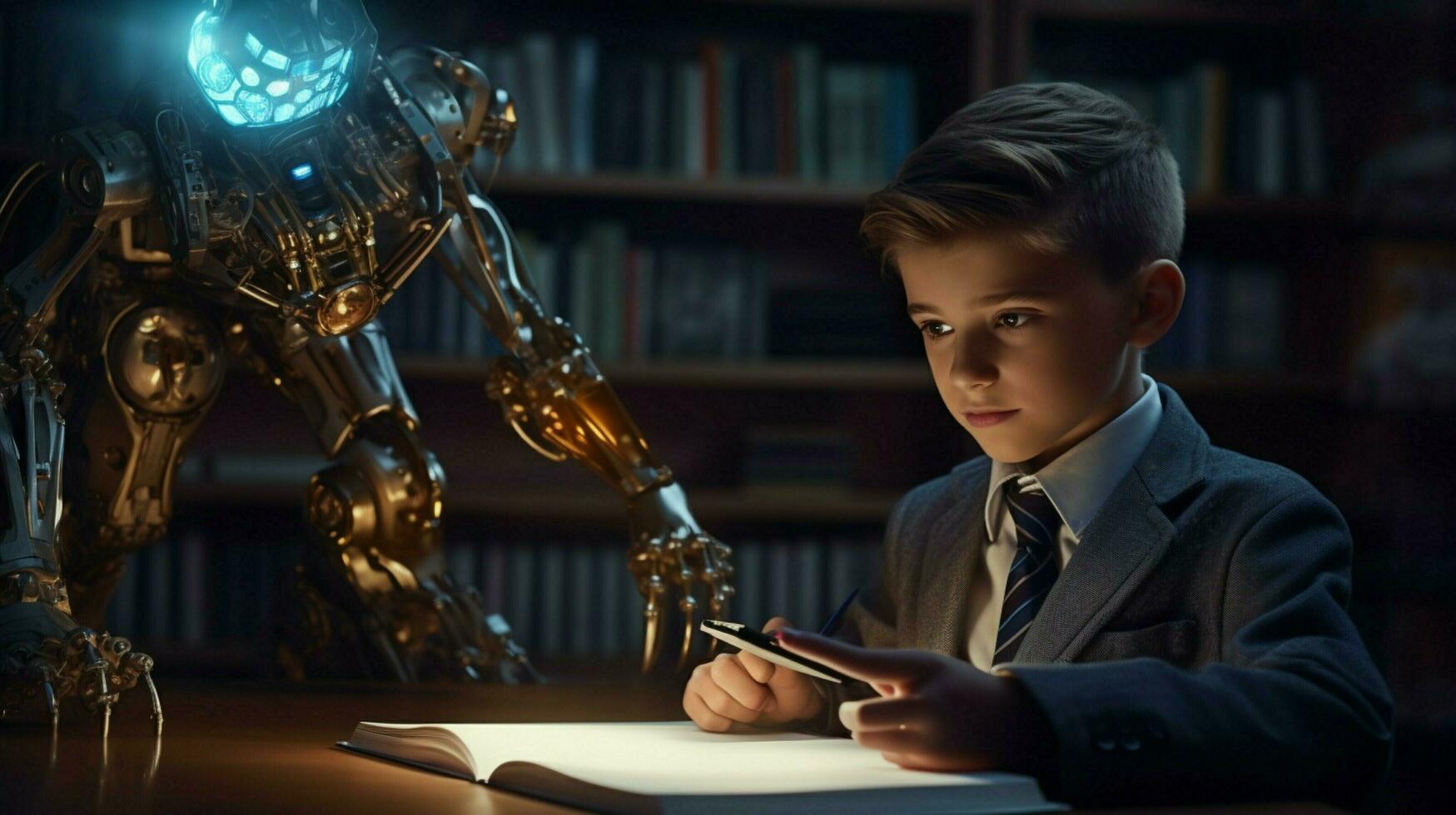 caucasian schoolboy studying science with futuristic robot photo