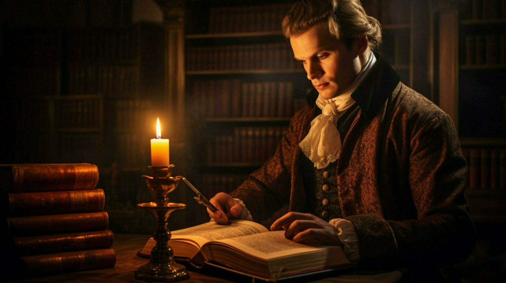 caucasian man studying literature by candle flame photo