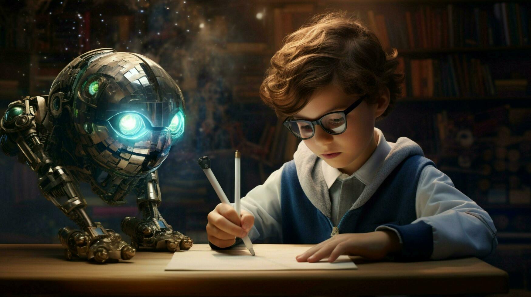 caucasian schoolboy studying science with futuristic robot photo