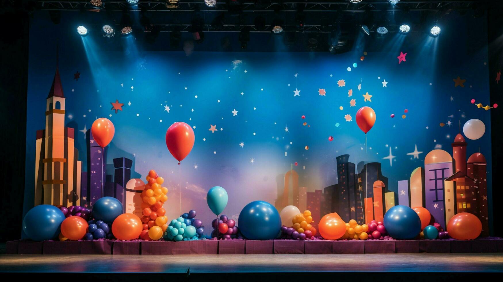 celebration backdrop with balloons decorations and stage photo