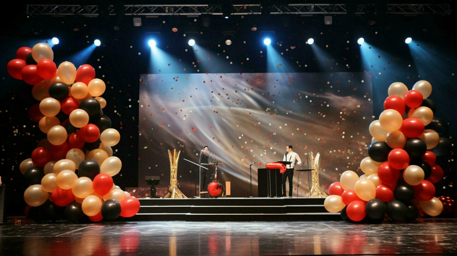 celebration backdrop with balloons decorations and stage photo