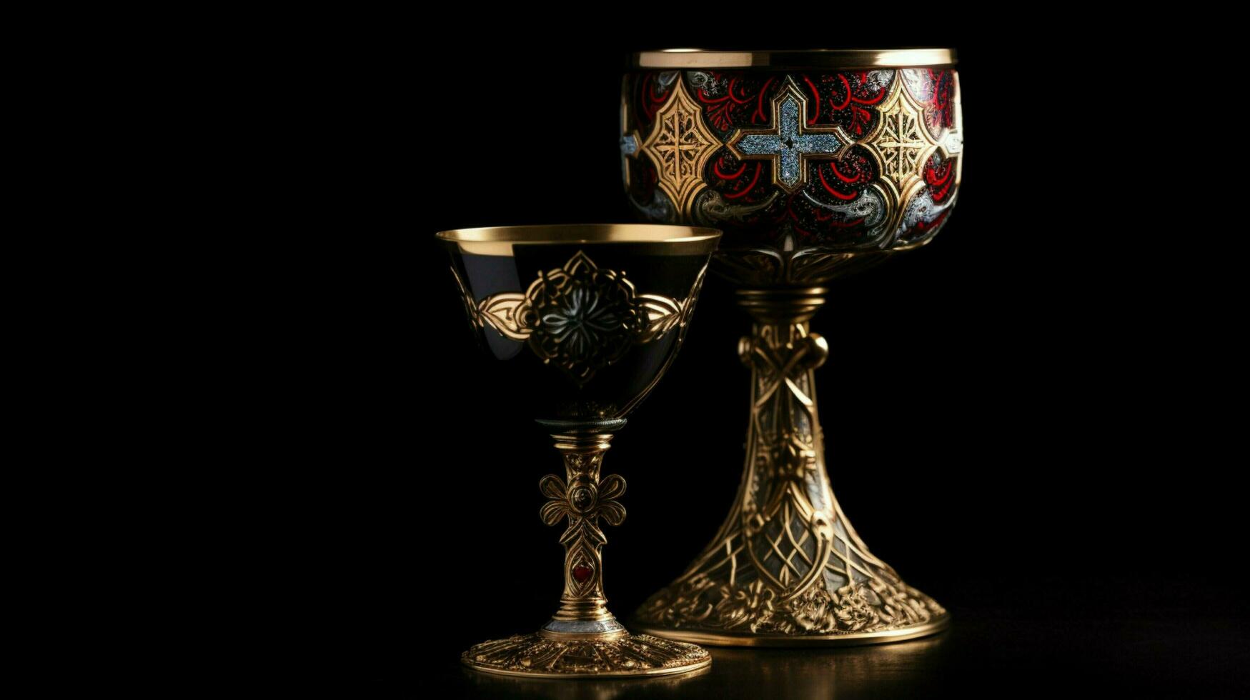 christian chalice wine and cross on black background photo