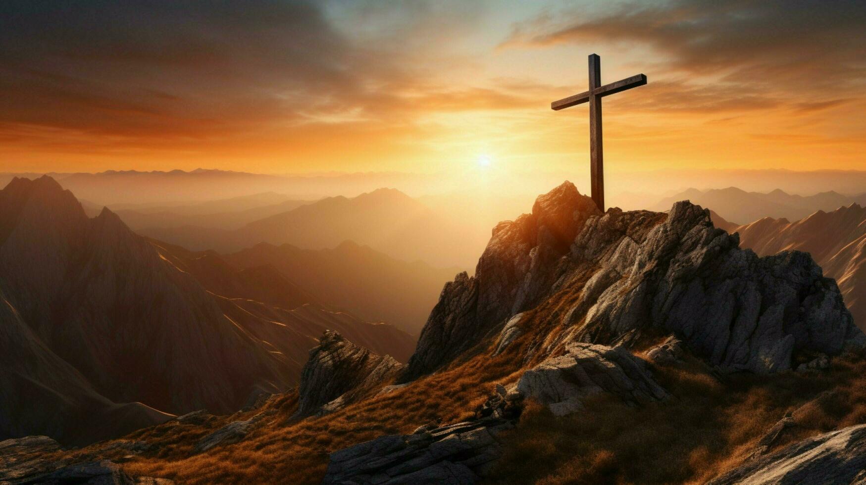 christian cross on majestic mountain peak at sunset photo