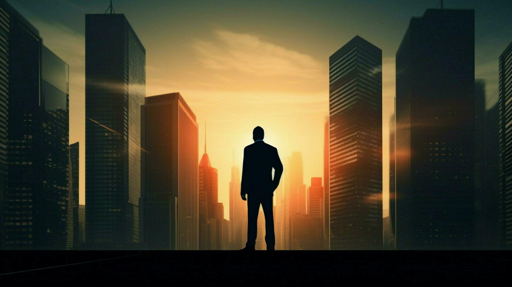 ciudad empresario en pie en rascacielos espalda iluminado silueta foto