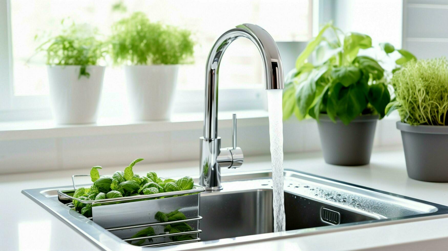 clean modern kitchen sink with faucet and liquid container photo