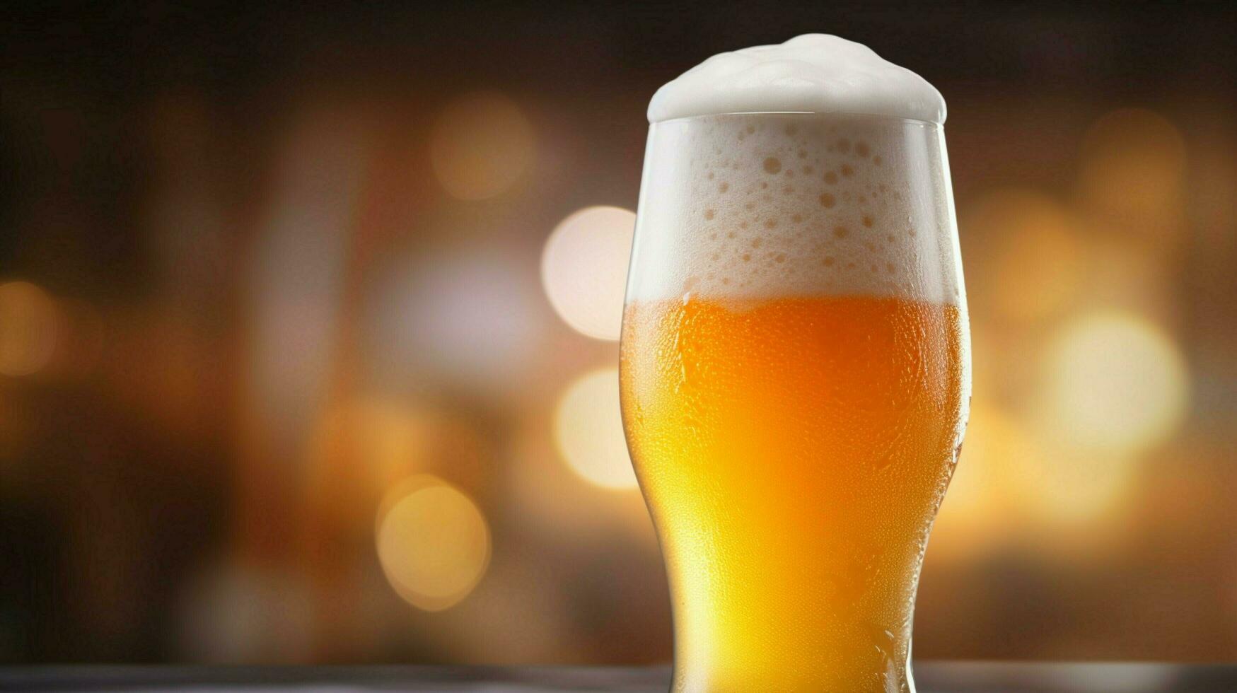 close up of frothy golden beer in glass photo