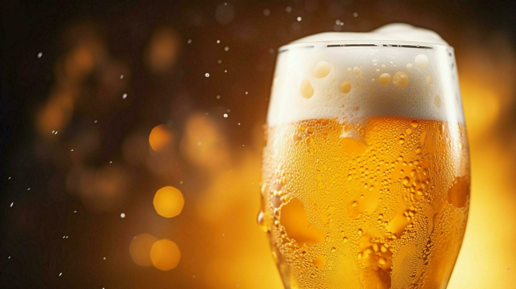 close up of frothy golden beer in glass photo
