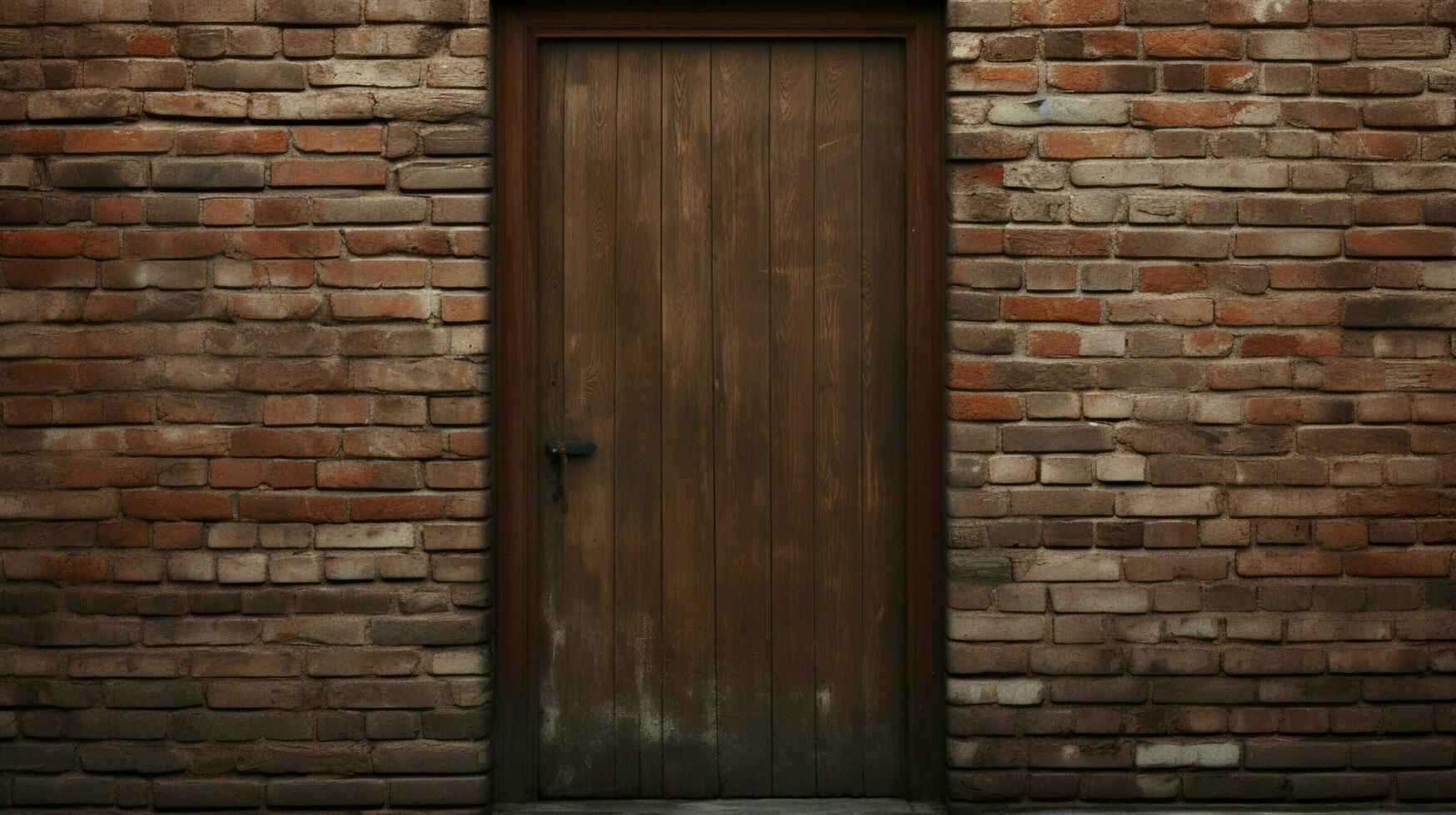 closed wooden door with brick wall and metal handle photo