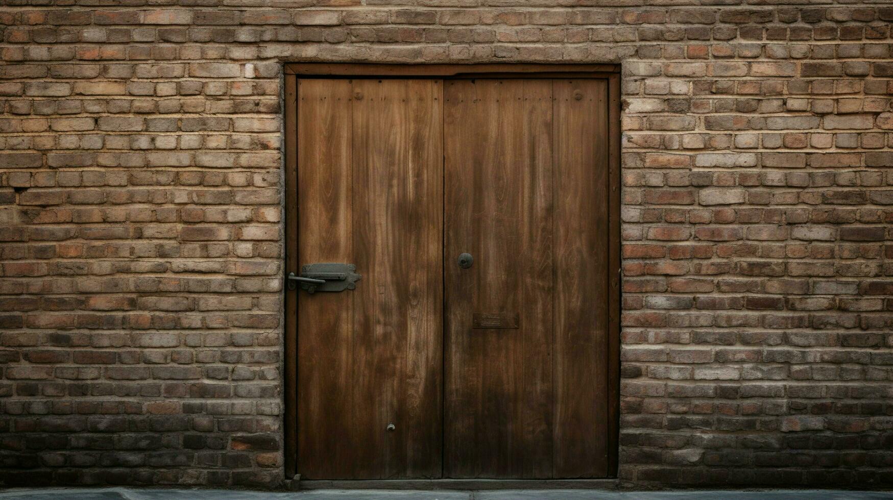 closed wooden door with brick wall and metal handle photo