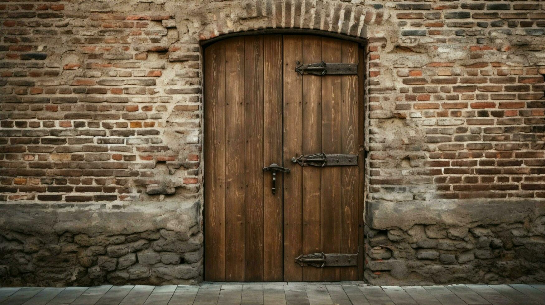 closed wooden door with brick wall and metal handle photo