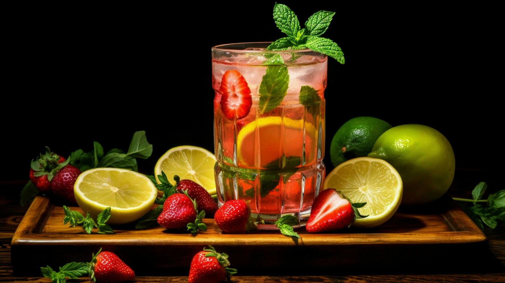 cocktail with lemon lime and strawberry decoration photo