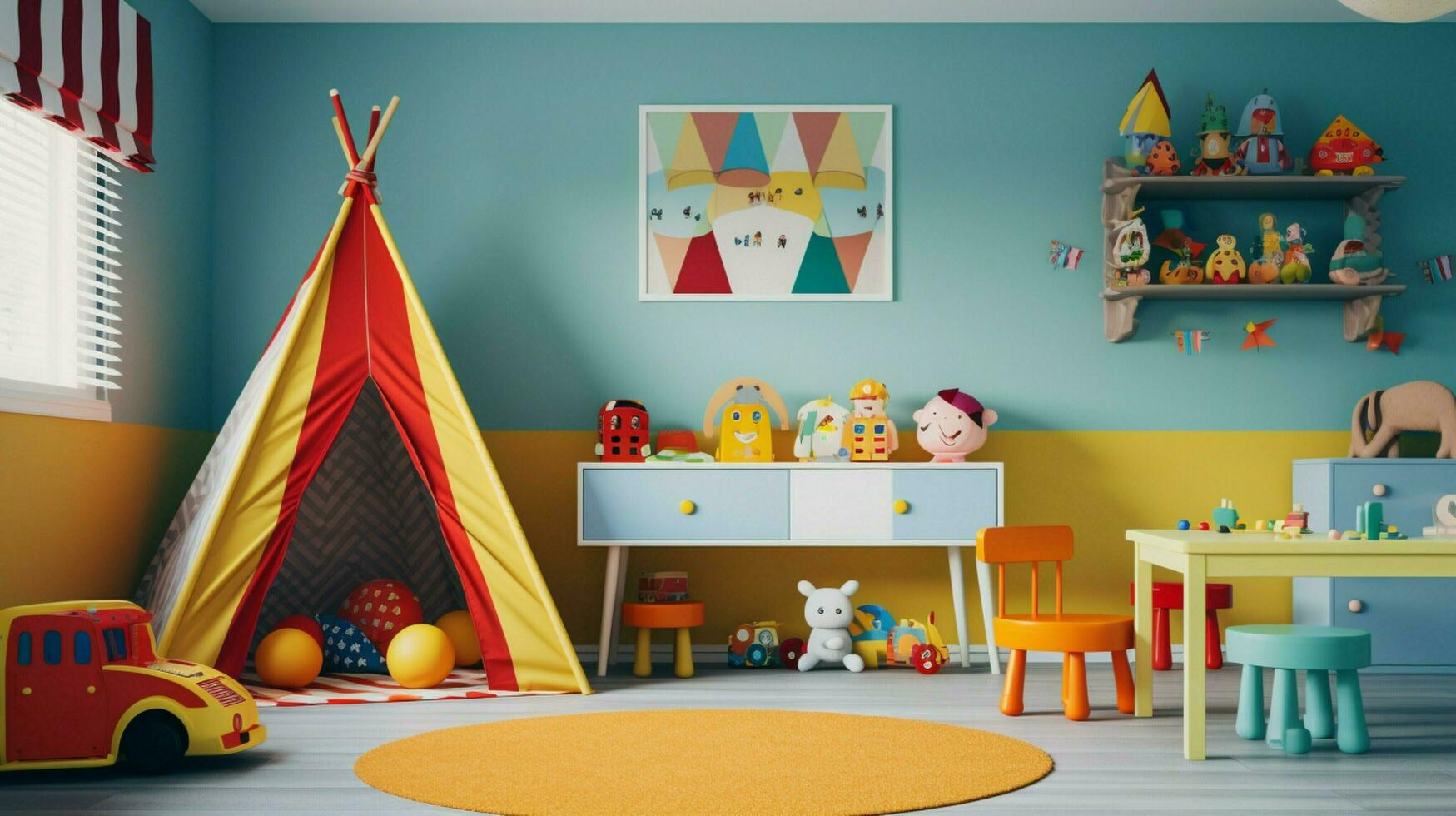 colorful playroom with toys and educational materials photo