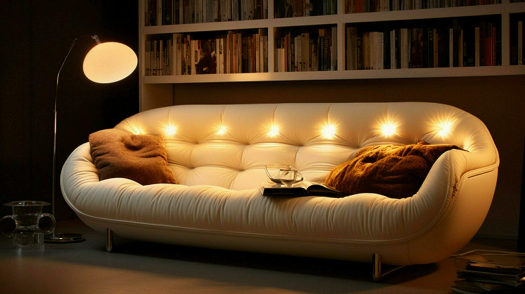 comfortable sofa illuminated by modern electric lamps photo