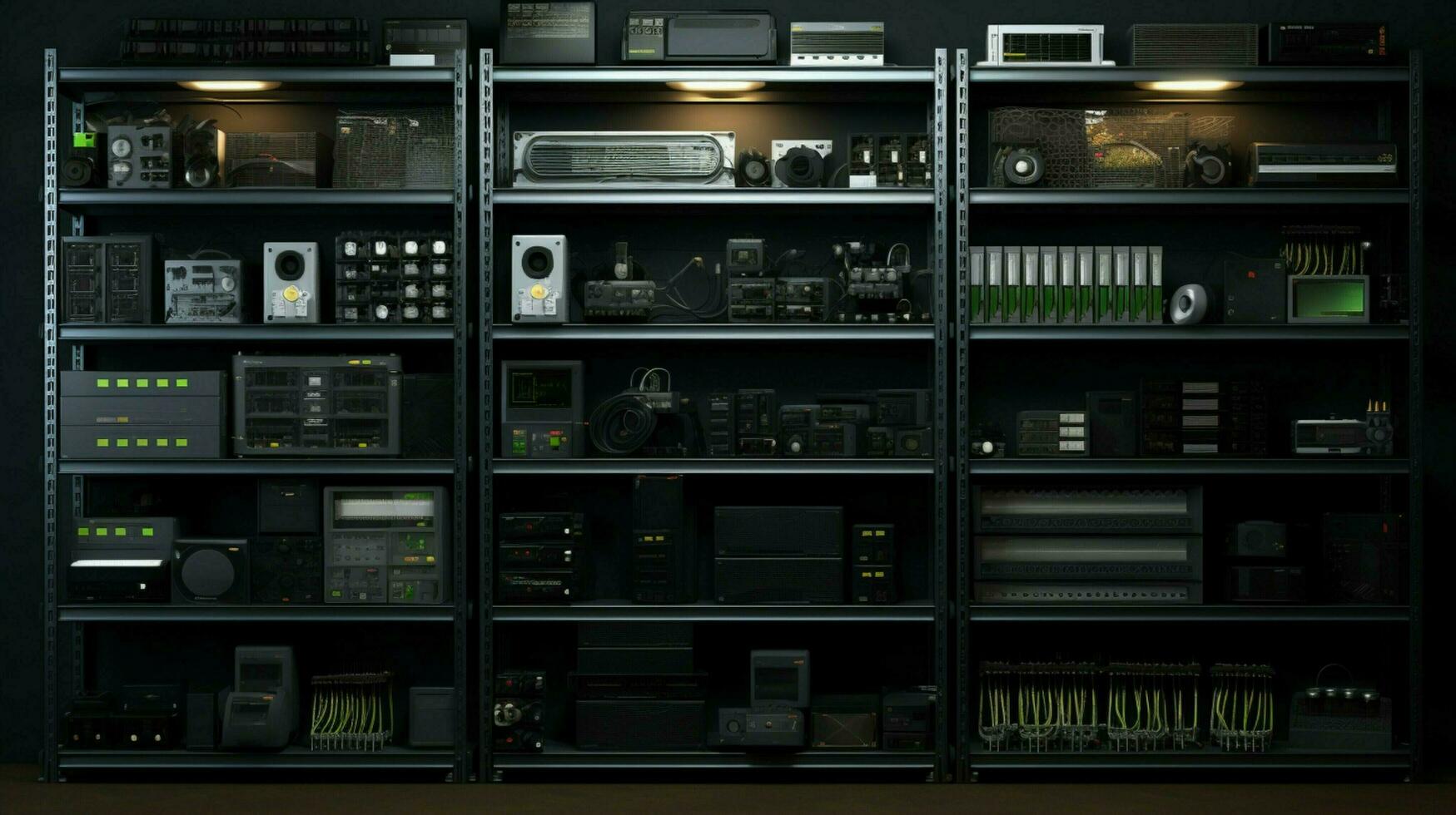 computer parts in order line equipment shelves photo