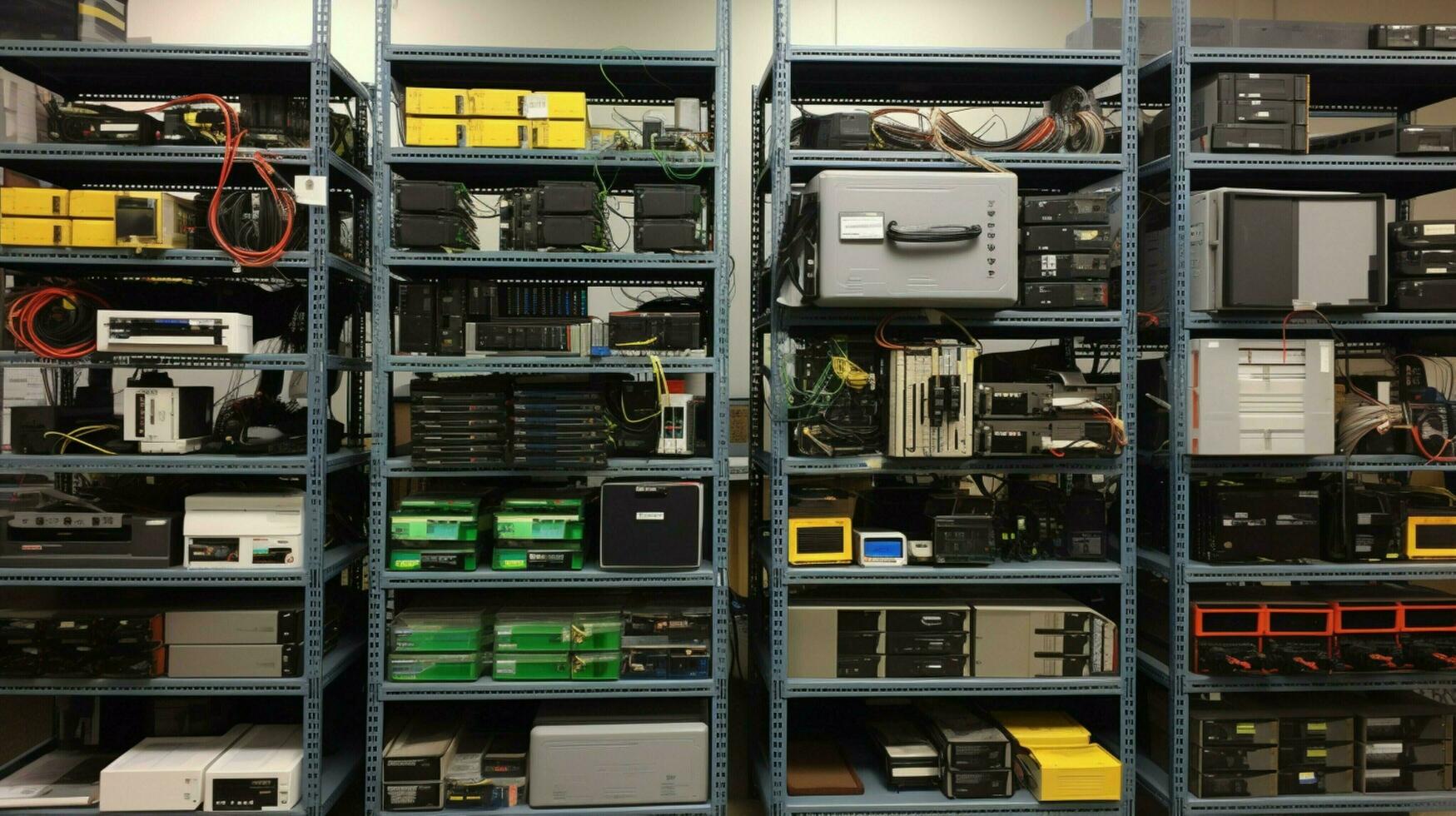 computer parts in order line equipment shelves photo