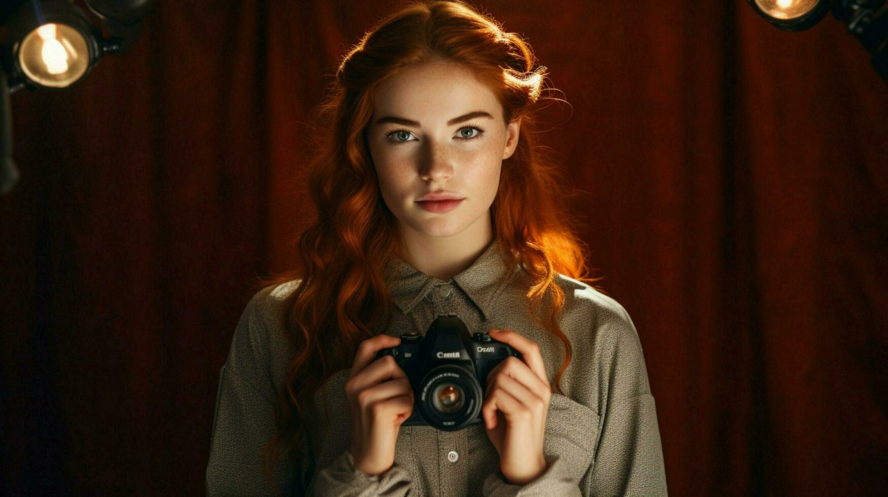 confident young model holds camera in spotlight photo