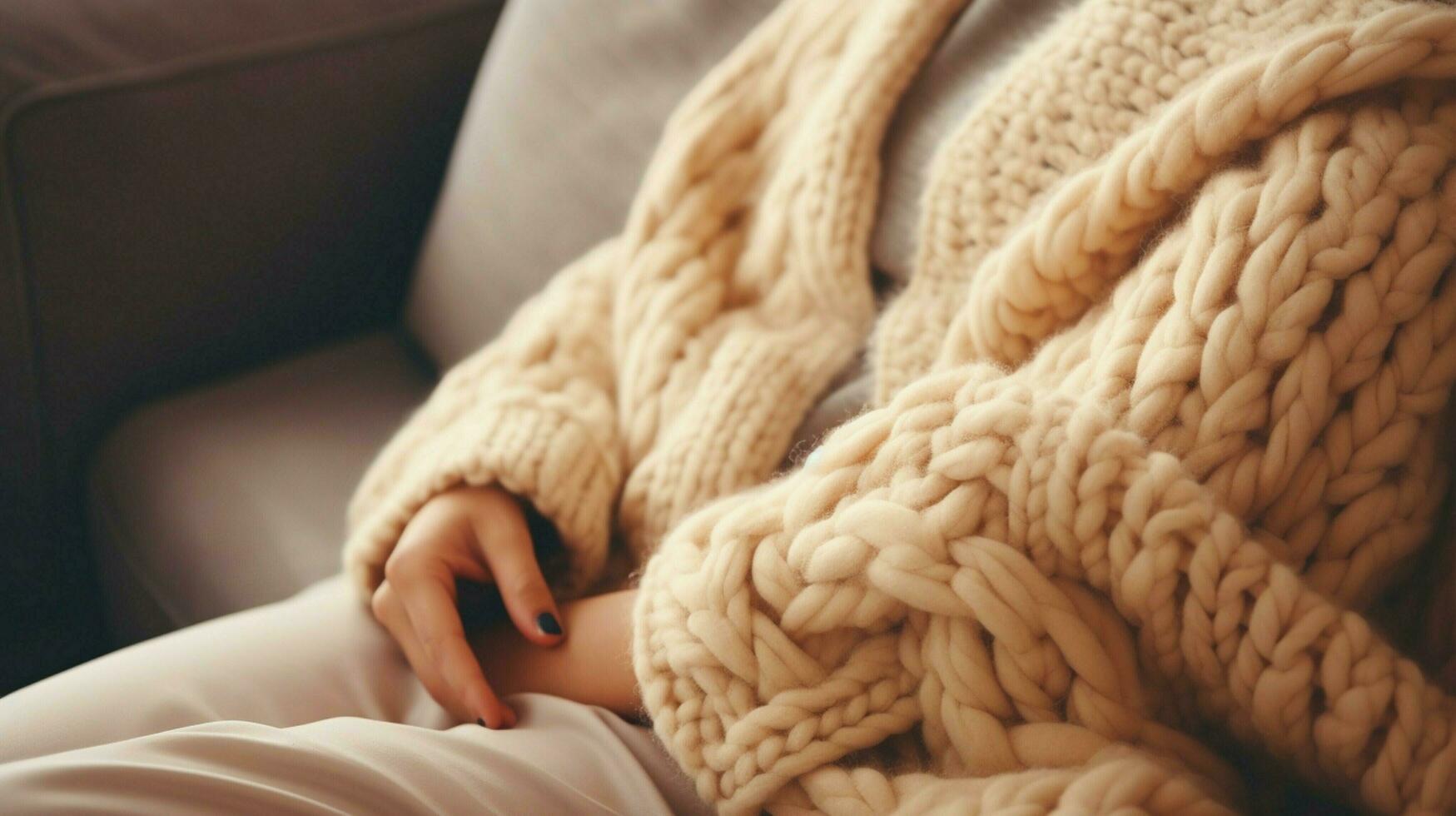 cozy wool blanket on sofa hand holding pillow for relaxation photo