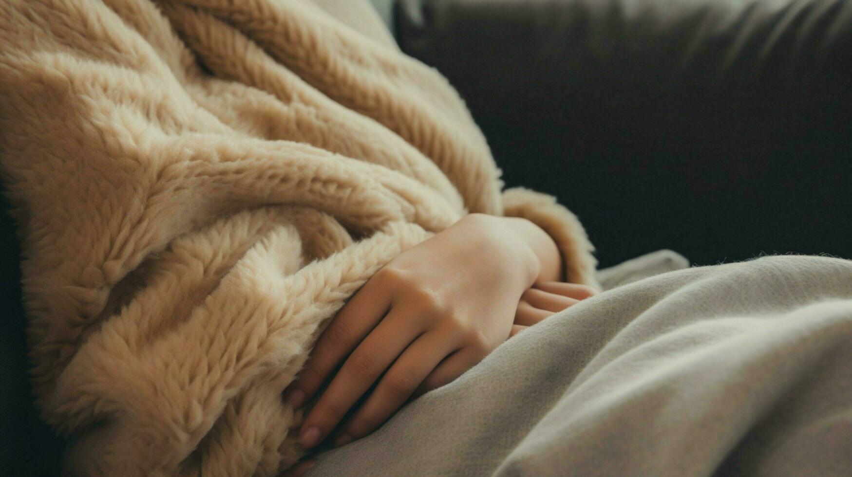cozy wool blanket on sofa hand holding pillow for relaxation photo