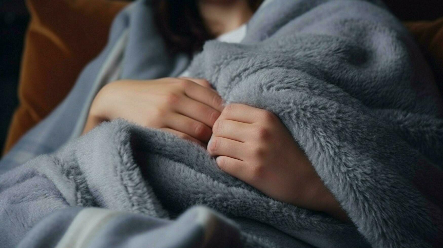 cozy wool blanket on sofa hand holding pillow for relaxation photo