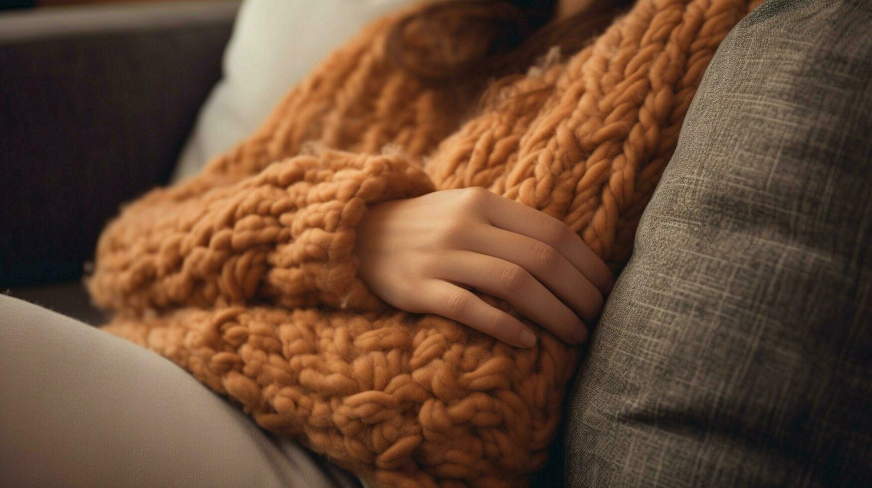 cozy wool blanket on sofa hand holding pillow for relaxation photo