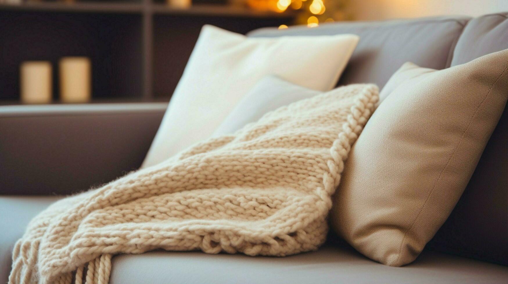 cozy wool blanket on sofa hand holding pillow for relaxation photo