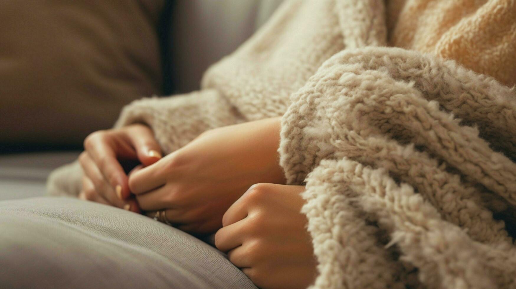 cozy wool blanket on sofa hand holding pillow for relaxation photo