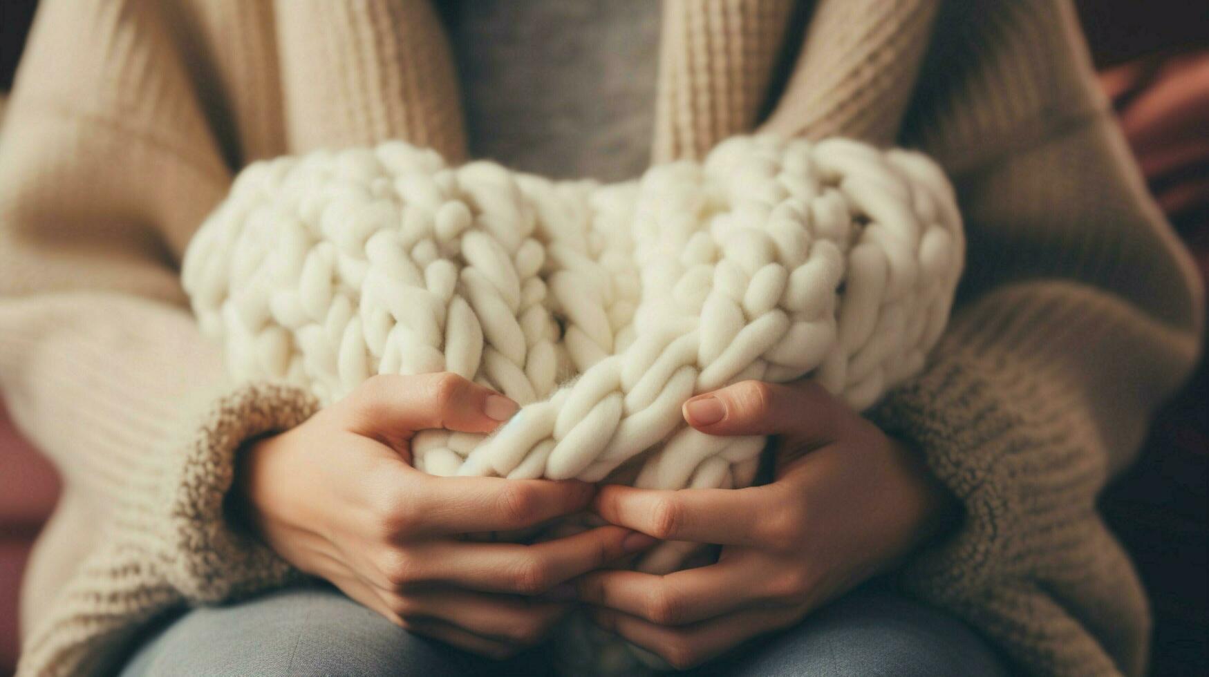 cozy wool blanket on sofa hand holding pillow for relaxation photo