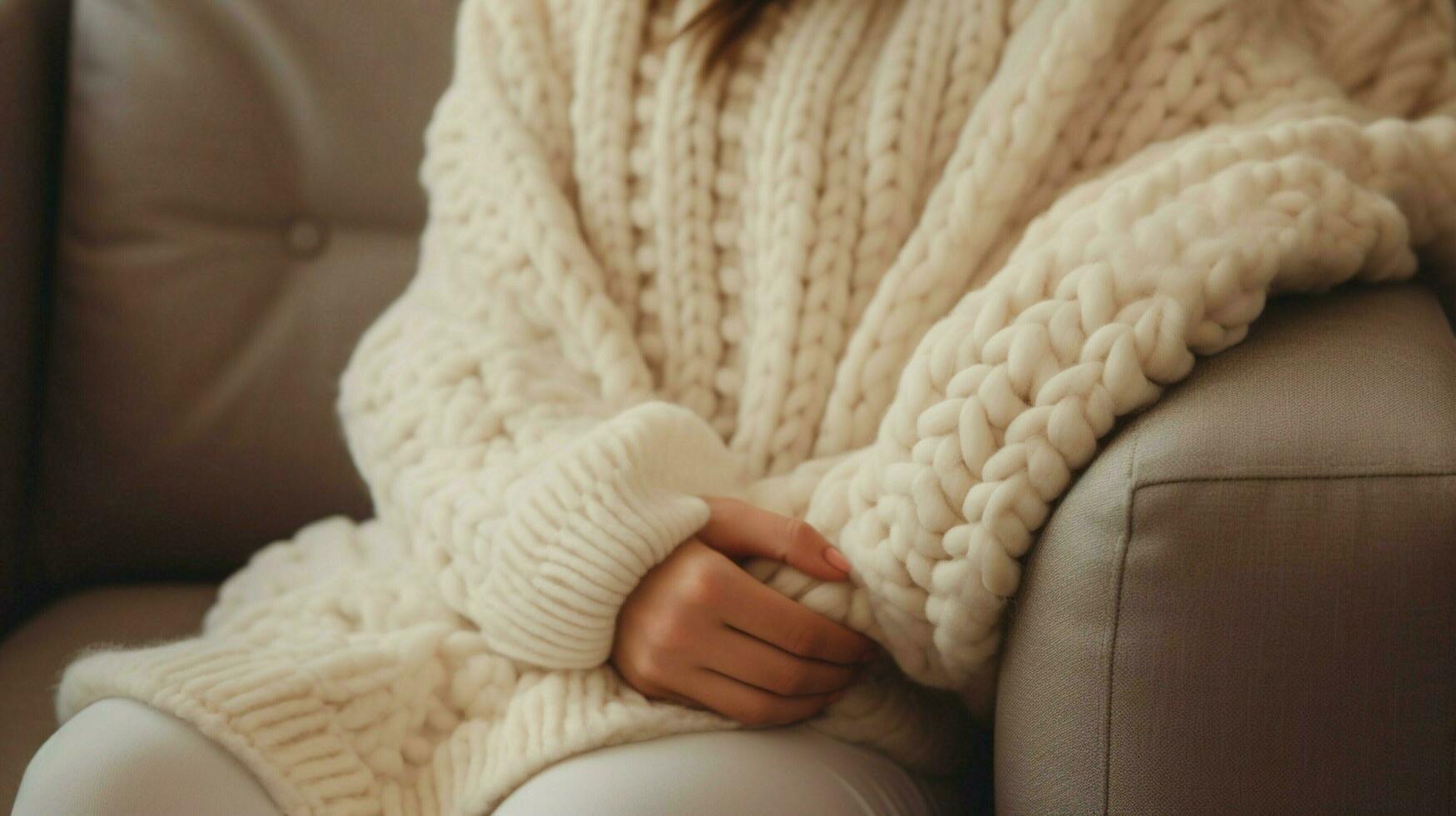 cozy wool blanket on sofa hand holding pillow for relaxation photo