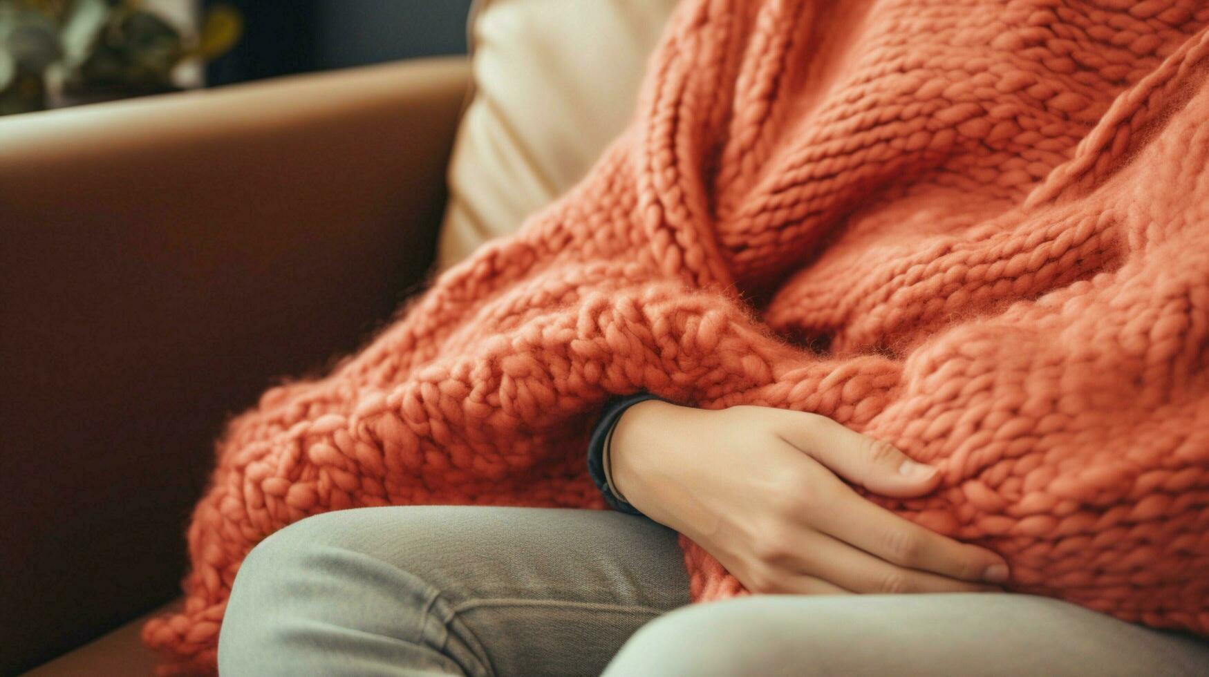 cozy wool blanket on sofa hand holding pillow for relaxation photo