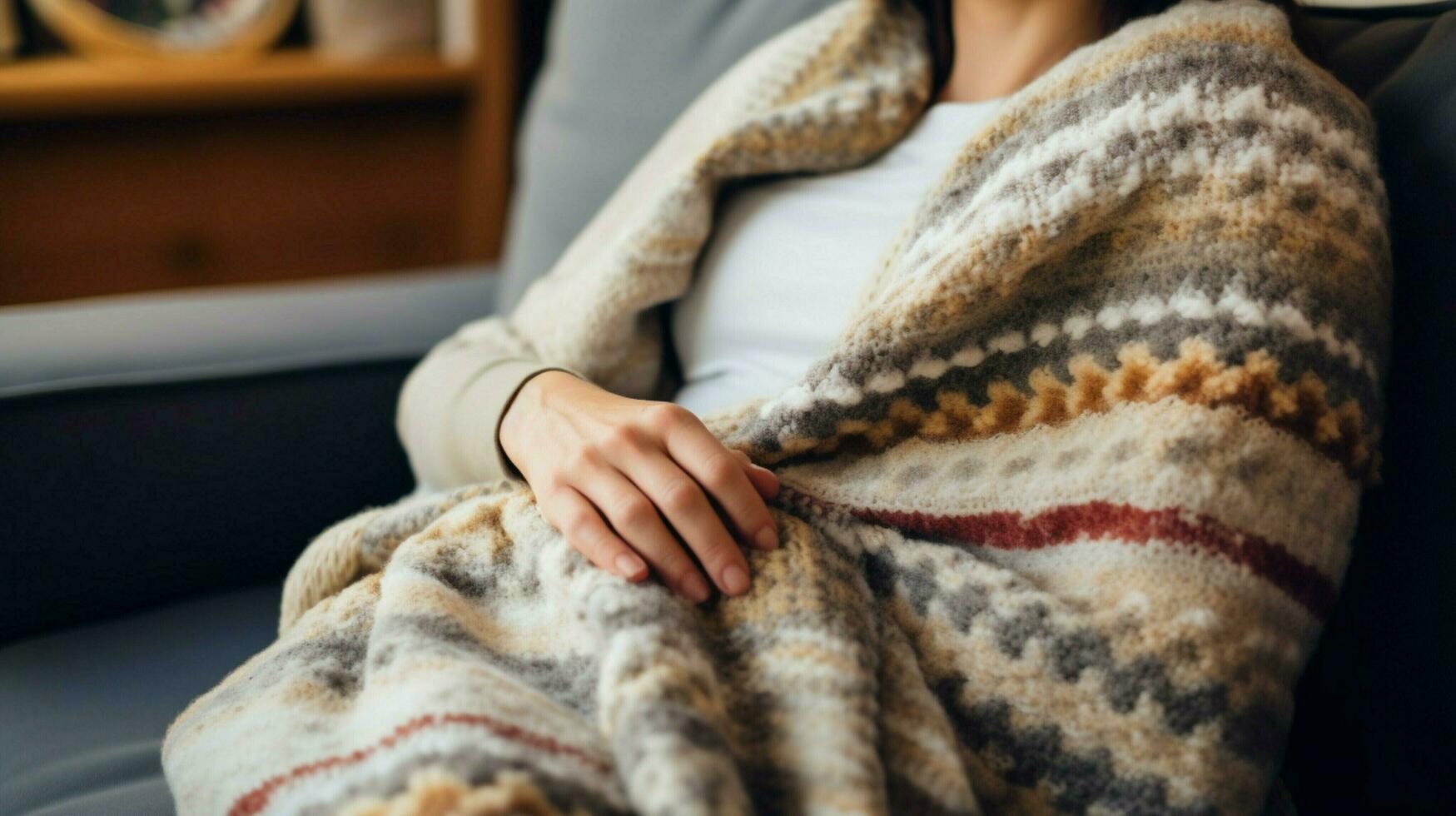 cozy wool blanket on sofa hand holding pillow for relaxation photo