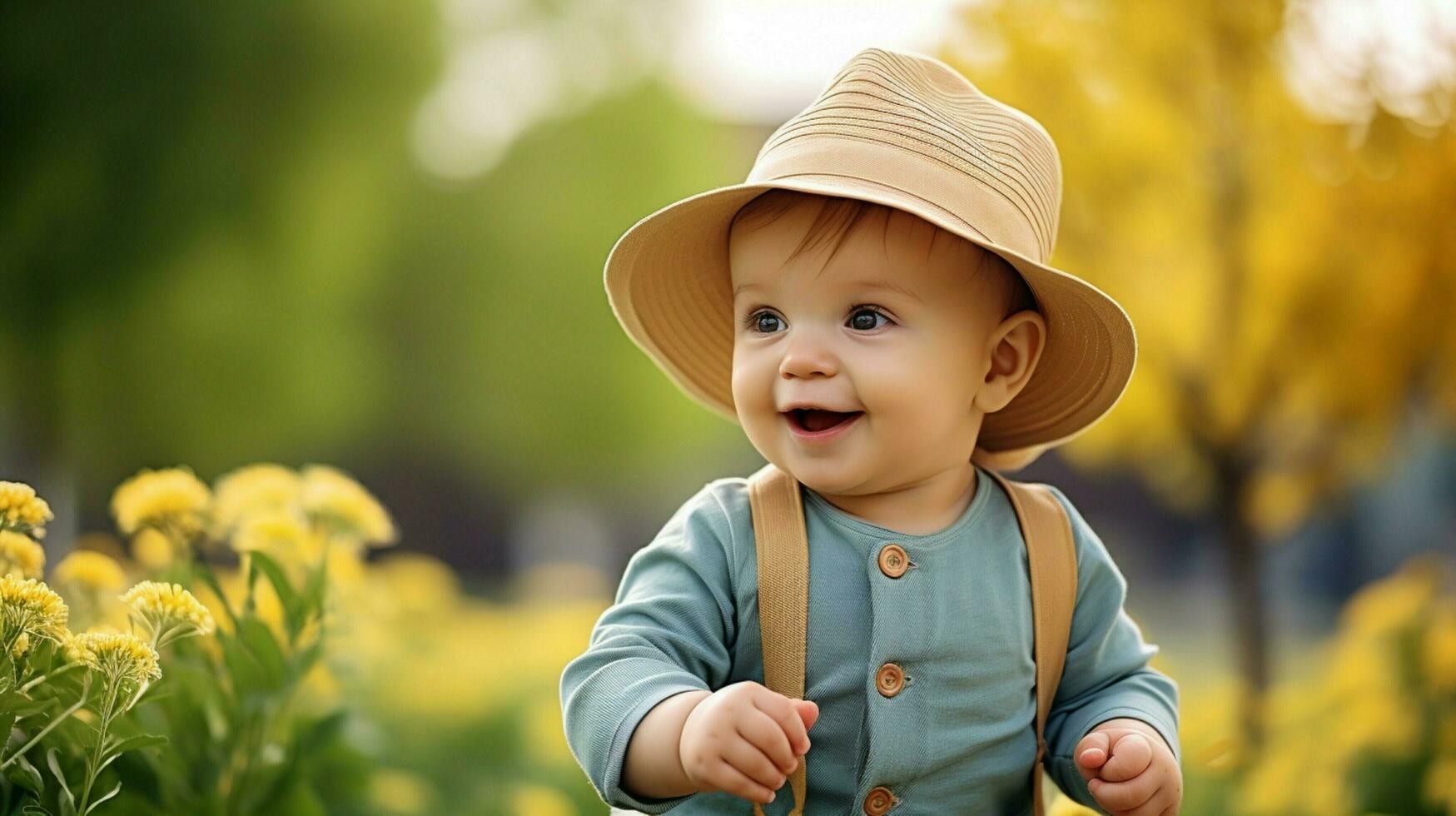 cute baby boy playing outdoors smiling with innocence photo