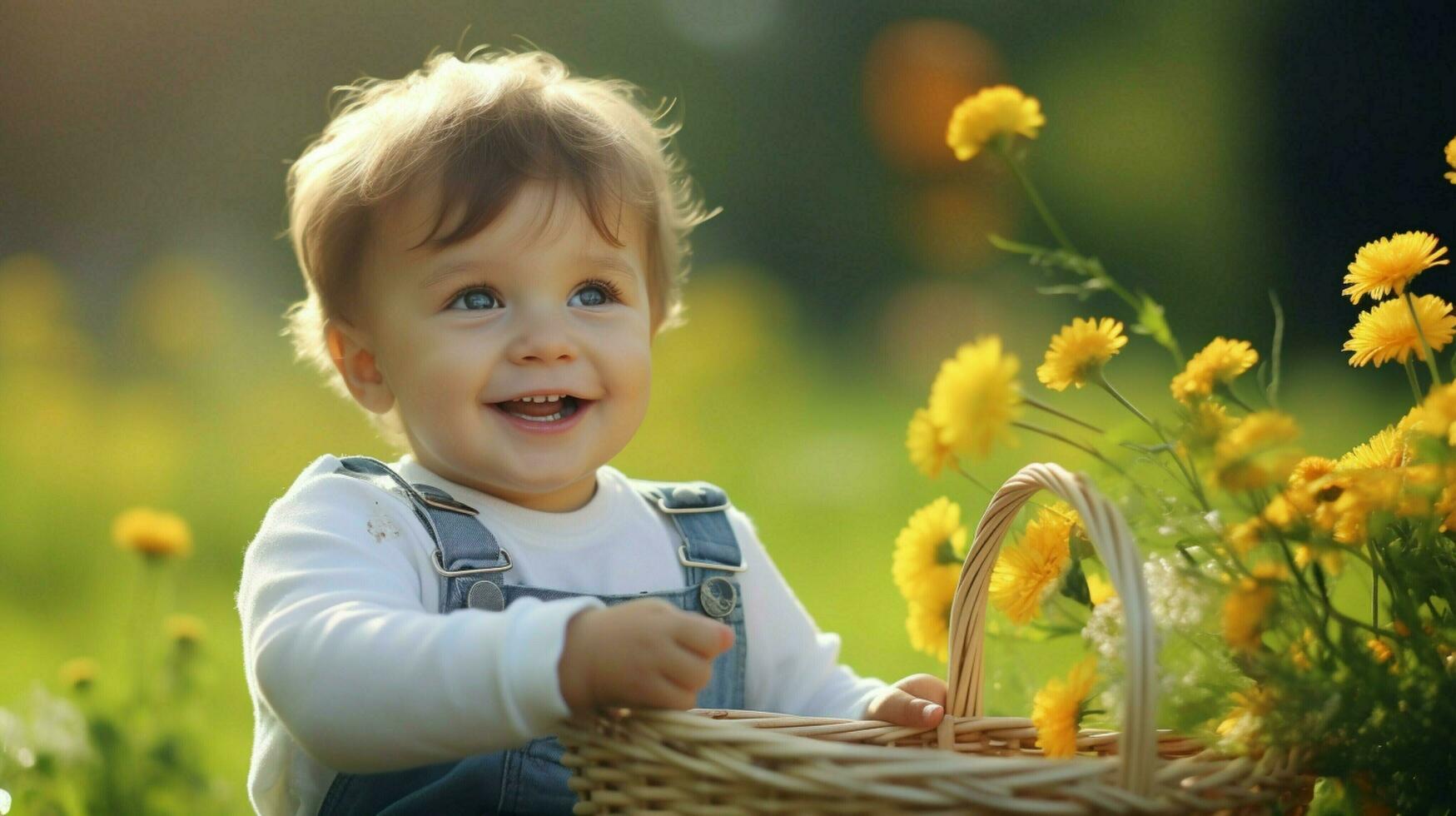 linda bebé chico jugando al aire libre sonriente con inocencia foto