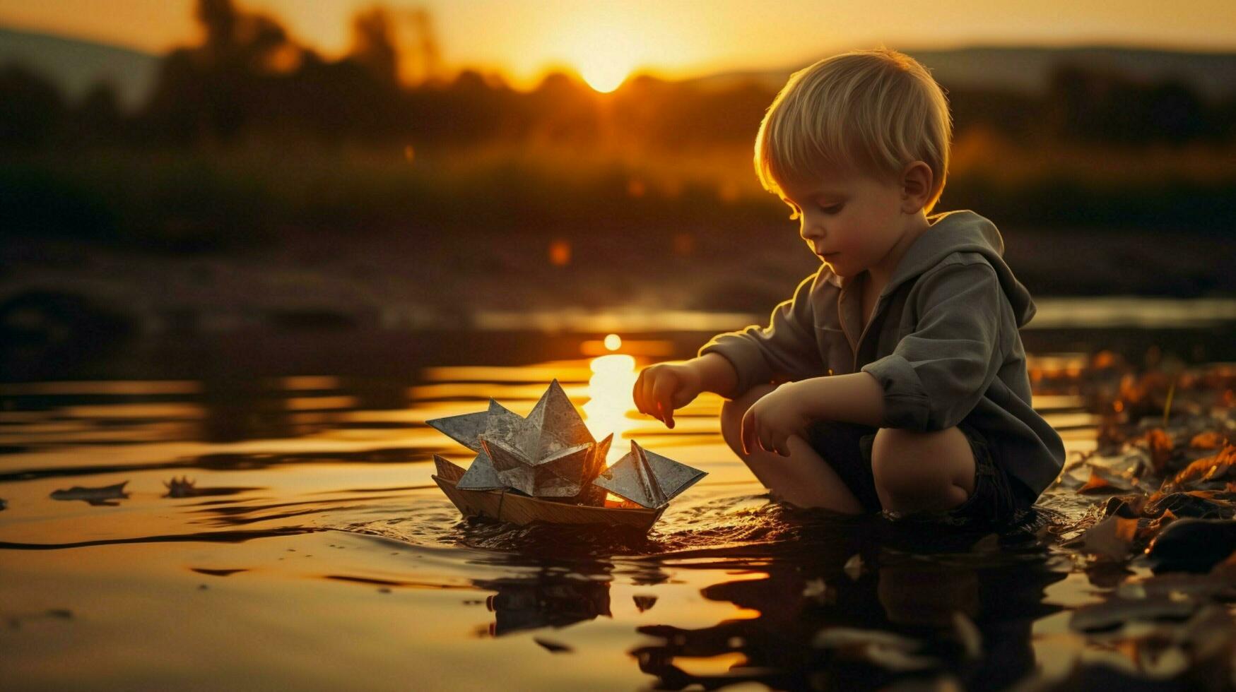 cute boy playing with an origami ship enjoying nature photo