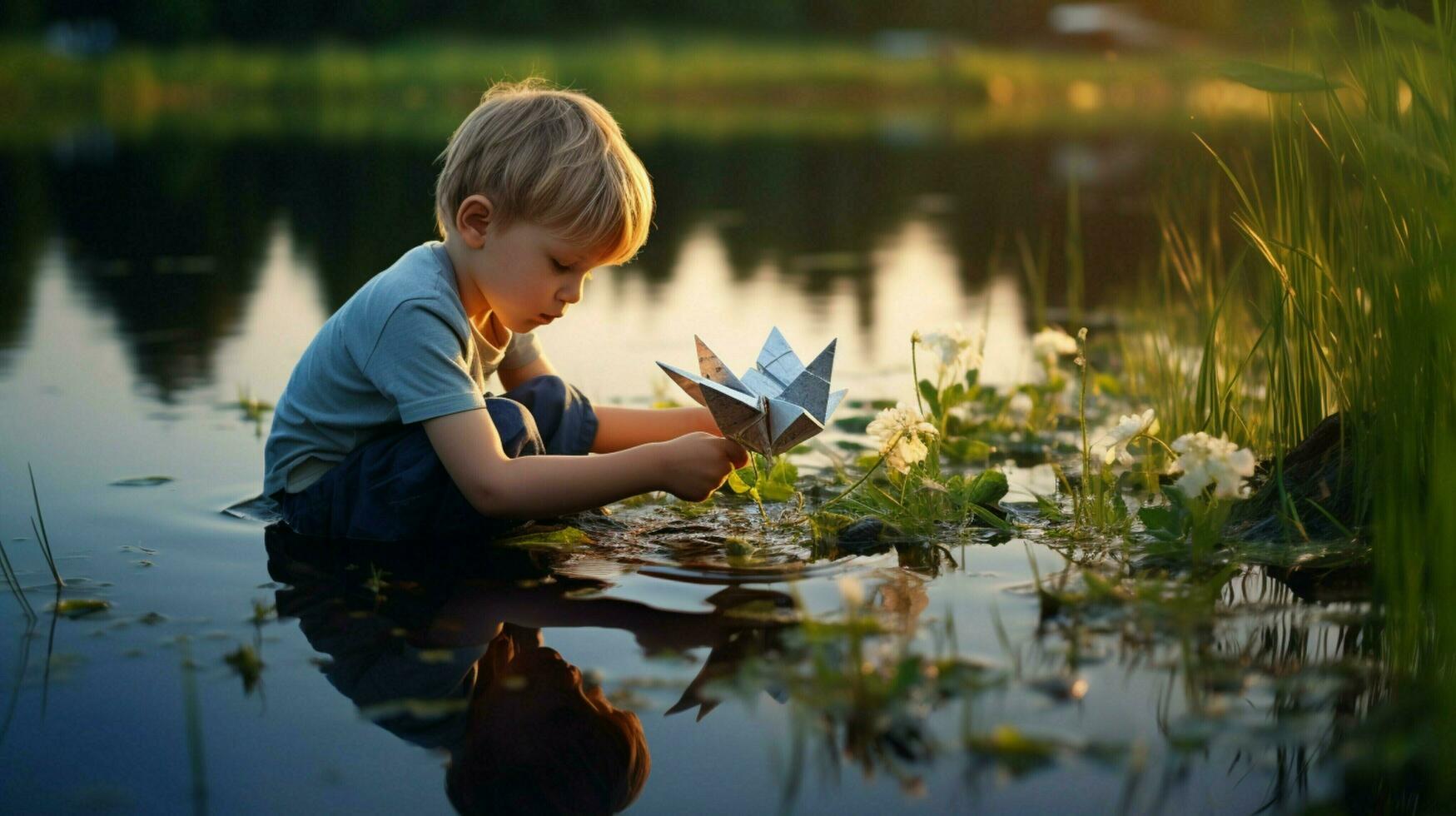 cute boy playing with an origami ship enjoying nature photo