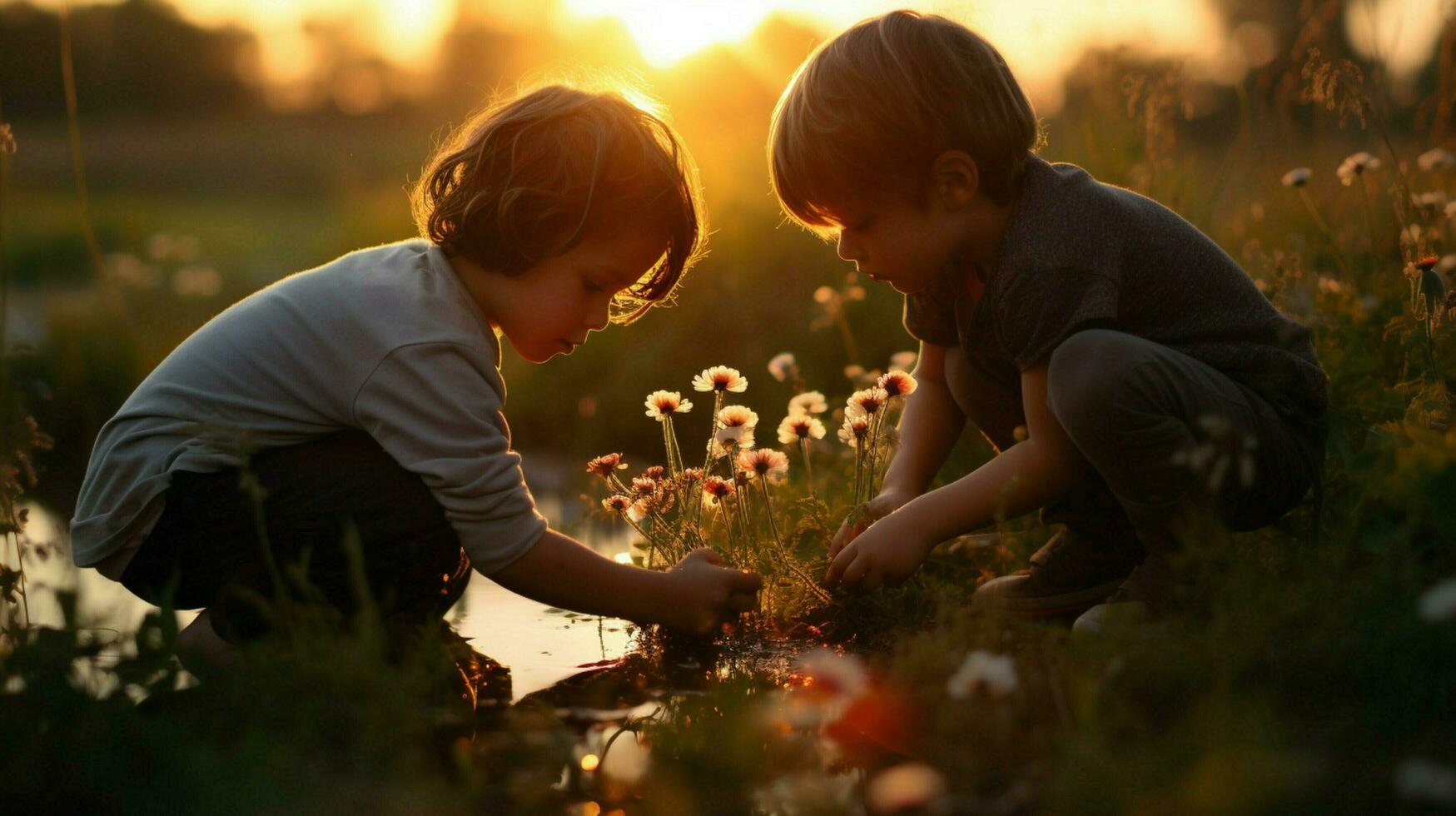 cute boys playing in nature at sunset photo