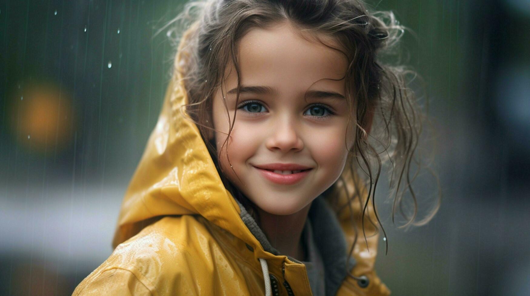 linda caucásico niña sonriente mirando a cámara en el lluvia foto