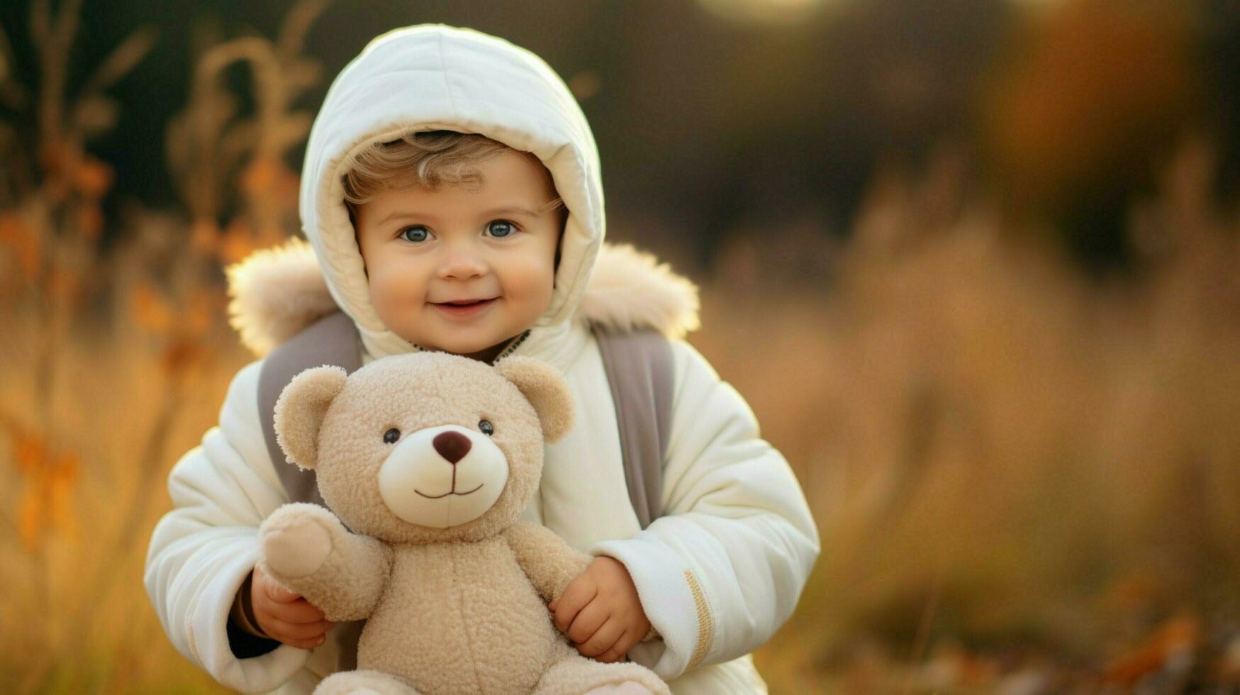 cute caucasian toddler playing outdoors holding toy smiling photo
