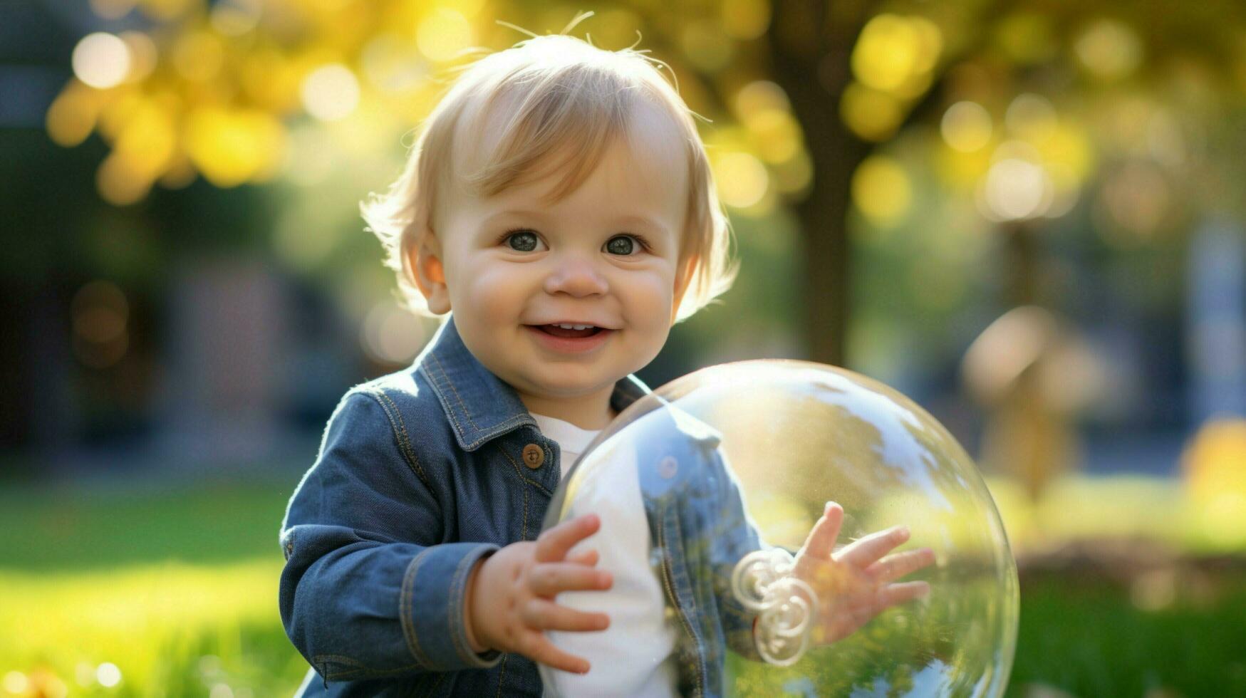cute caucasian toddler playing outdoors holding toy smiling photo